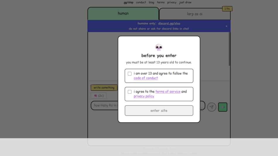 Modal asking you to confirm you are over 13 and agree to the terms before entering the site, with a disabled enter button.