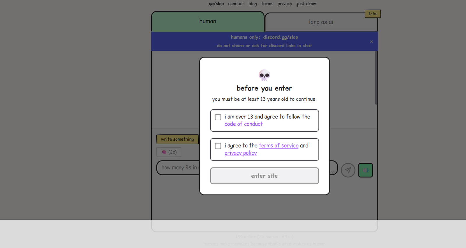 18 - Modal asking you to confirm you are over 13 and agree to the terms before entering the site, with a disabled enter button.