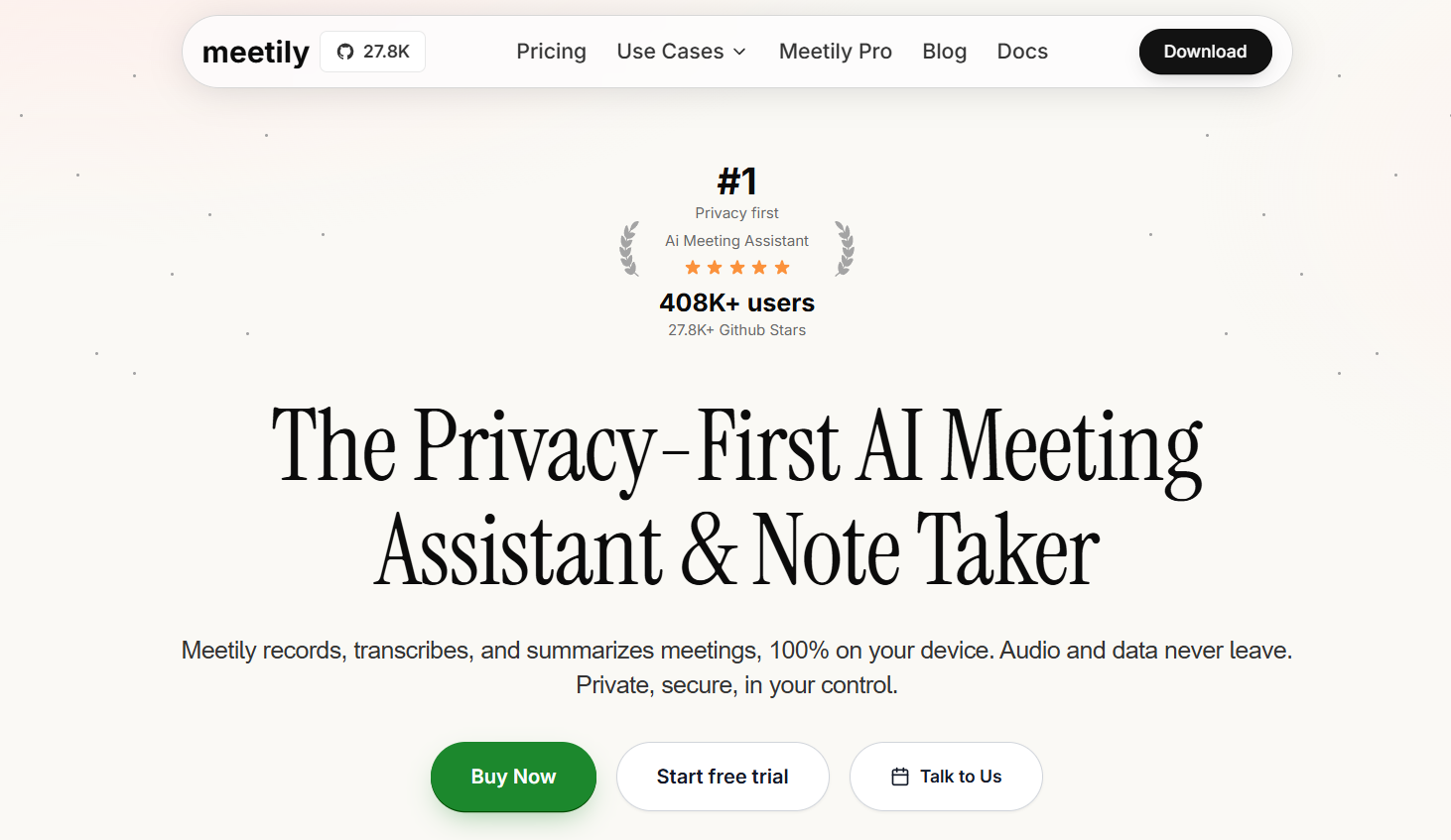 18 - Navigation header with Meety logo and a Download button above a light gradient hero, then a bold headline: 'The Privacy-First AI Meeting Assistant & Note Taker' with supporting text and three CTAs: Buy Now, Start free trial, Talk to Us.