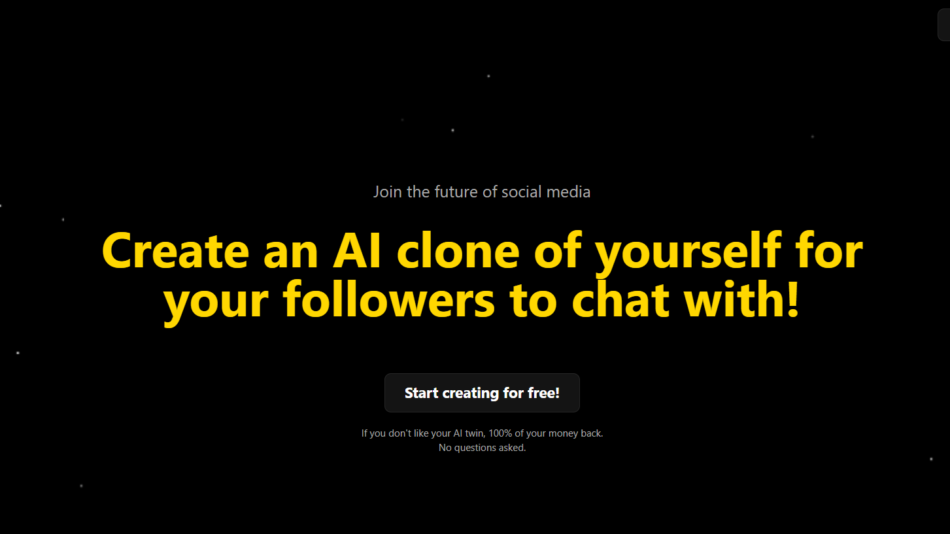 Dark landing hero promoting AI clones: large yellow headline 'Create an AI clone of yourself for your followers to chat with!' with a black rounded 'Start creating for free!' button and smaller supporting text; Twinning logo top-left and 'Join the fan waitlist!' button top-right.