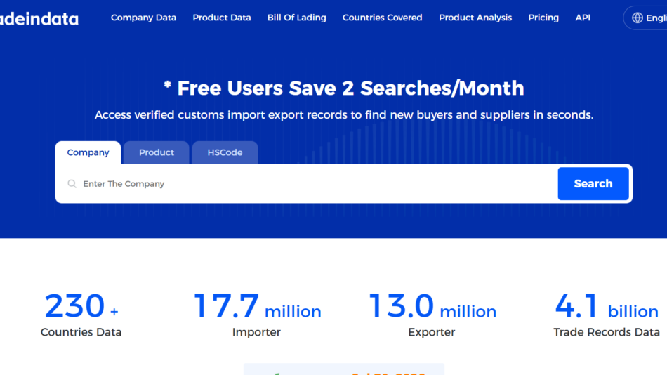 Tradeindata hero header in blue with navigation, headline about free searches, and a large search bar with Company/Product/HSCode tabs and a blue Search button.