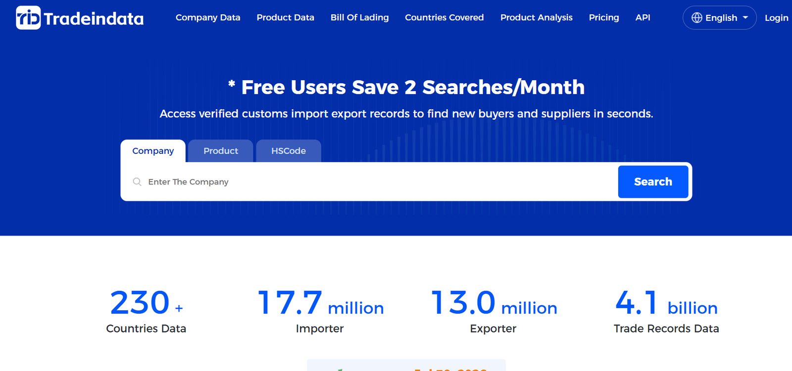 19 - Tradeindata hero header in blue with navigation, headline about free searches, and a large search bar with Company/Product/HSCode tabs and a blue Search button.
