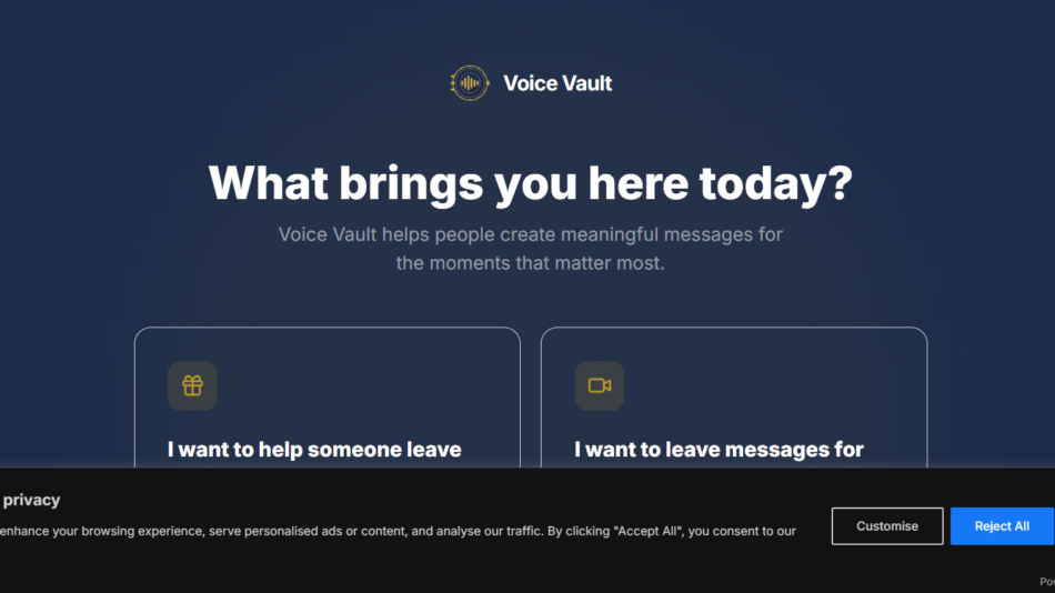 Voice Vault hero: dark blue gradient banner with logo, the headline “What brings you here today?”, and two rounded option cards: “I want to help someone leave” and “I want to leave messages for.”