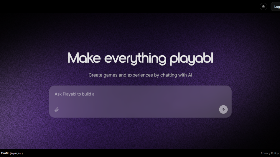 19 - Hero banner on Playabl: dark purple textured background with large 'Make everything playable' text and the subtitle about creating games with AI.
