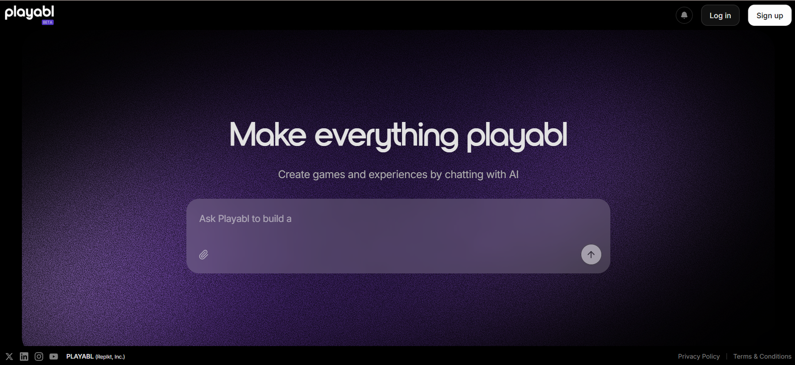 19 - Hero banner on Playabl: dark purple textured background with large 'Make everything playable' text and the subtitle about creating games with AI.
