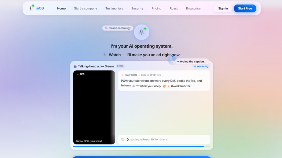 2 - Hero header with aiOS logo and navigation on a soft pastel gradient, plus a floating chat bubble and a rounded demo panel below.