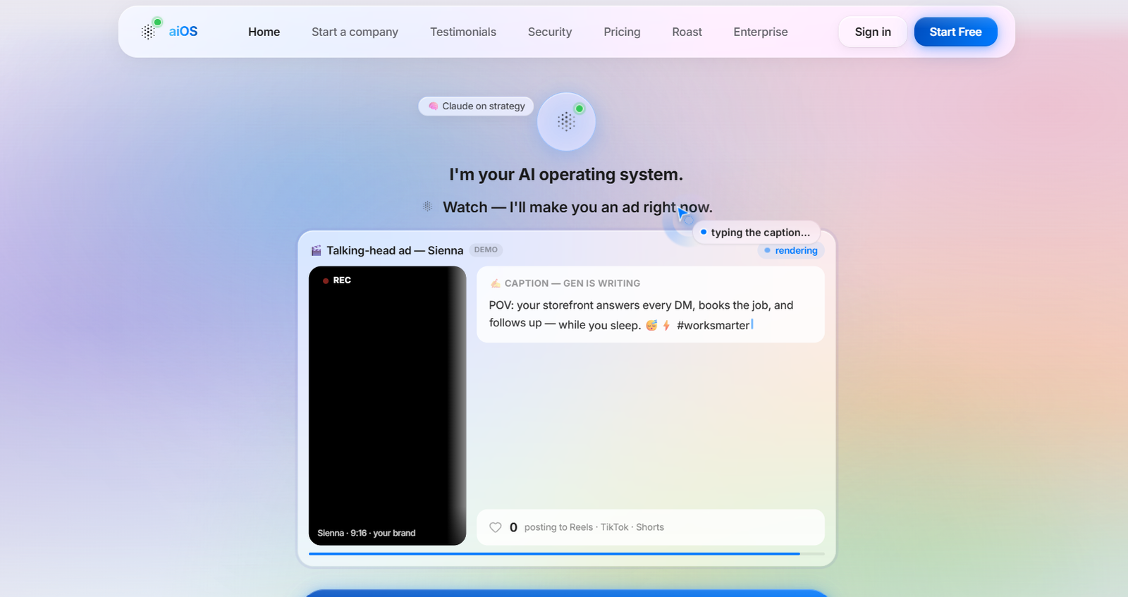 2 - Hero header with aiOS logo and navigation on a soft pastel gradient, plus a floating chat bubble and a rounded demo panel below.