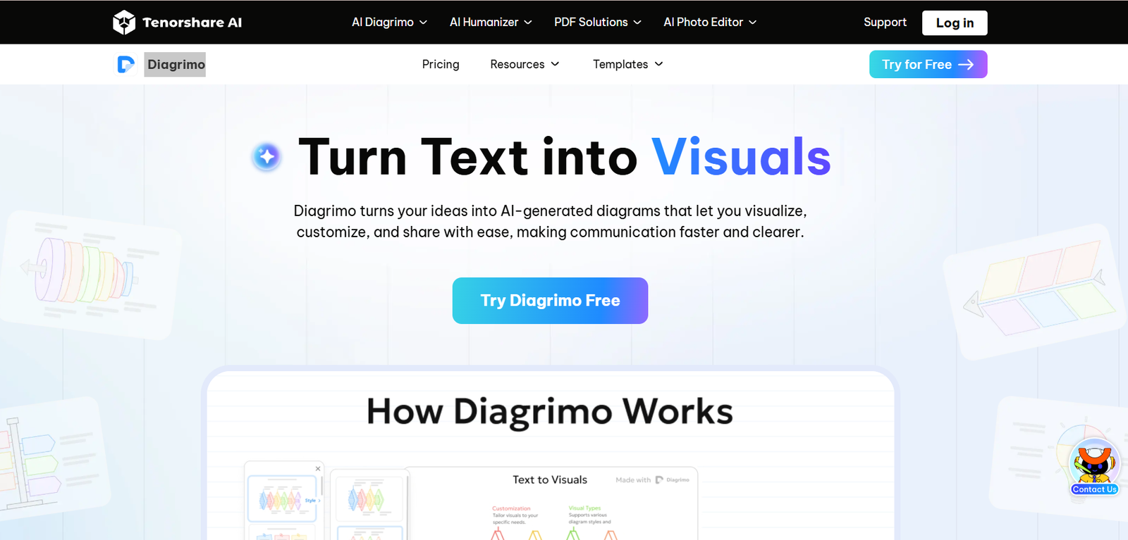 Homepage hero banner: slogan 'Turn Text into Visuals' with blue gradient 'Visuals' and a 'Try Diagrimo Free' CTA button