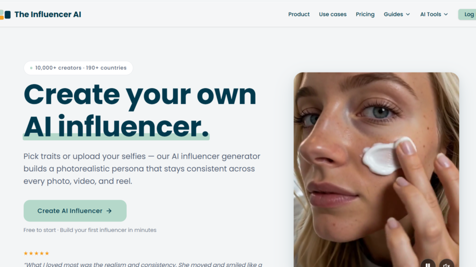 2 - Hero section with headline 'Create your own AI influencer' and a close-up photo of a woman applying cream to her cheek on the right side.