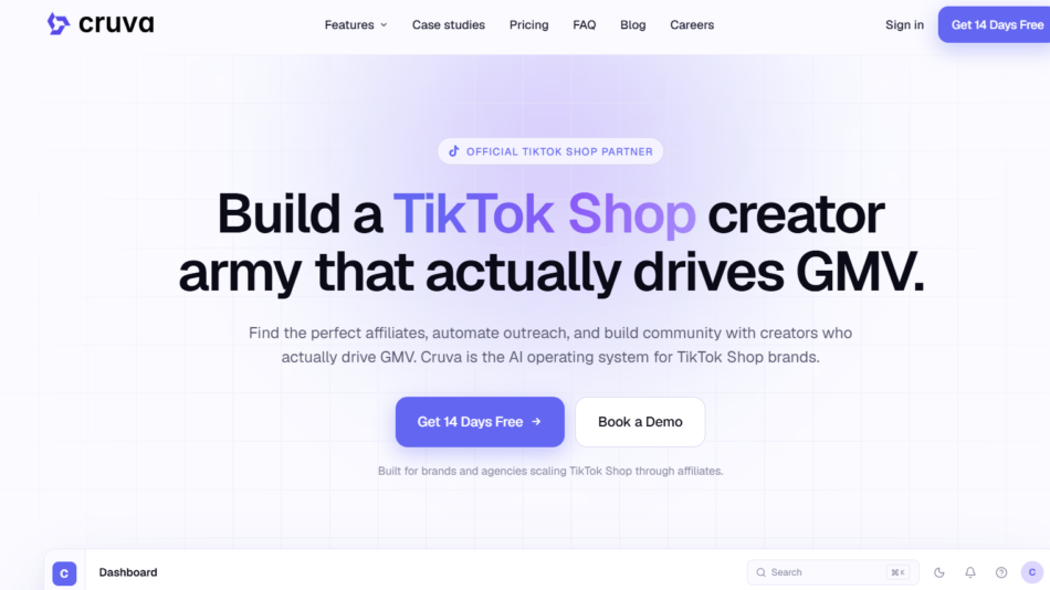Hero banner for Cruva: 'Build a TikTok Shop creator army that actually drives GMV' with CTAs 'Get 14 Days Free' and 'Book a Demo'