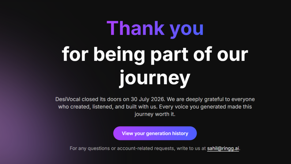 Dark gradient 'Thank you' page with large white message 'for being part of our journey' and a purple gradient 'View your generation history' button above a grey email line.