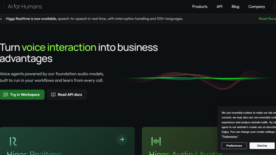 2 - Hero banner for BosonAI with headline 'Turn voice interaction into business advantages', green highlight on 'voice interaction', subheading about foundation audio models, and two CTAs: 'Try in Workspace' and 'Read API docs'.