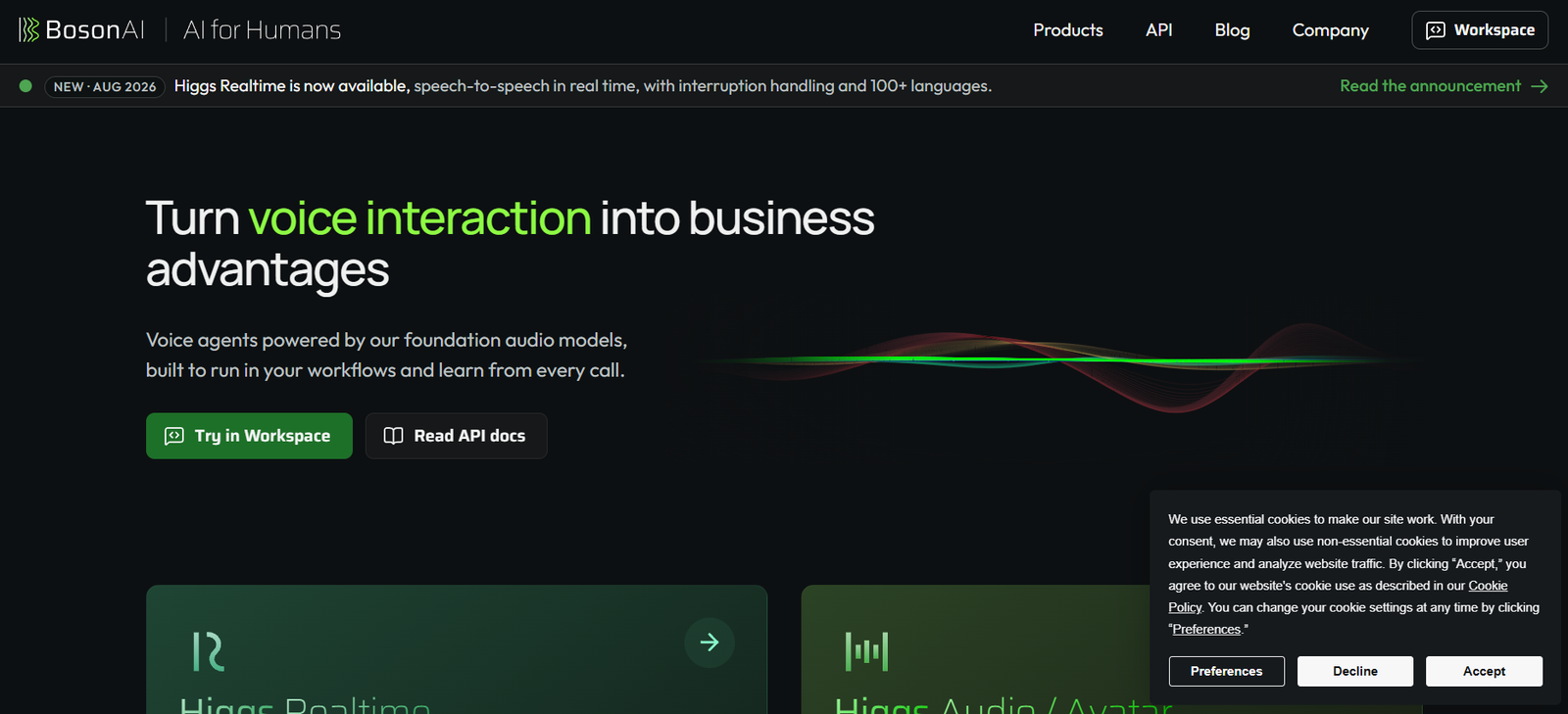 2 - Hero banner for BosonAI with headline 'Turn voice interaction into business advantages', green highlight on 'voice interaction', subheading about foundation audio models, and two CTAs: 'Try in Workspace' and 'Read API docs'.