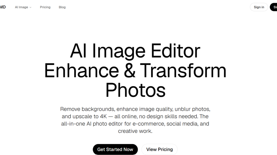 2 - Hero section promoting an AI image editor to enhance and transform photos, with a large headline and descriptive subtext.