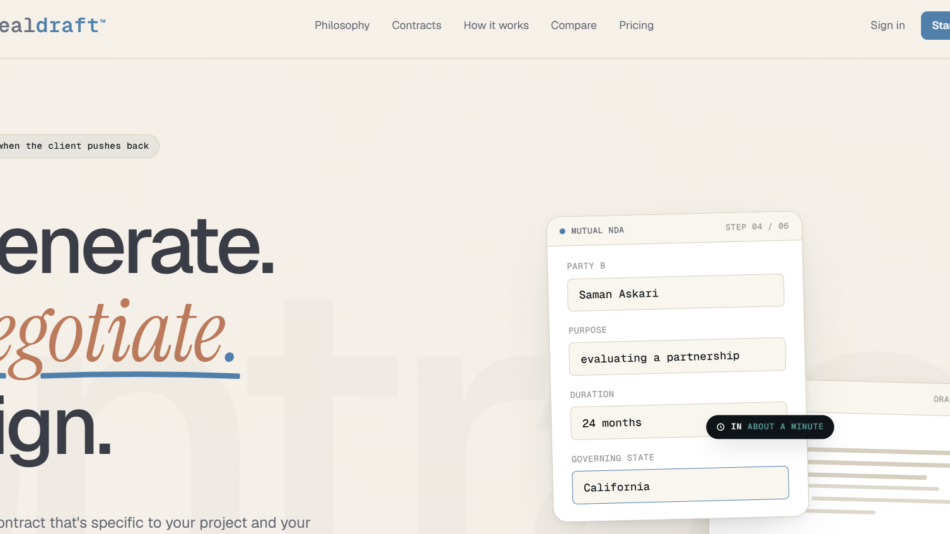 20 - Hero section of DealDraft homepage with large 'Generate. Negotiate. Sign.' text and a floating NDA form card.