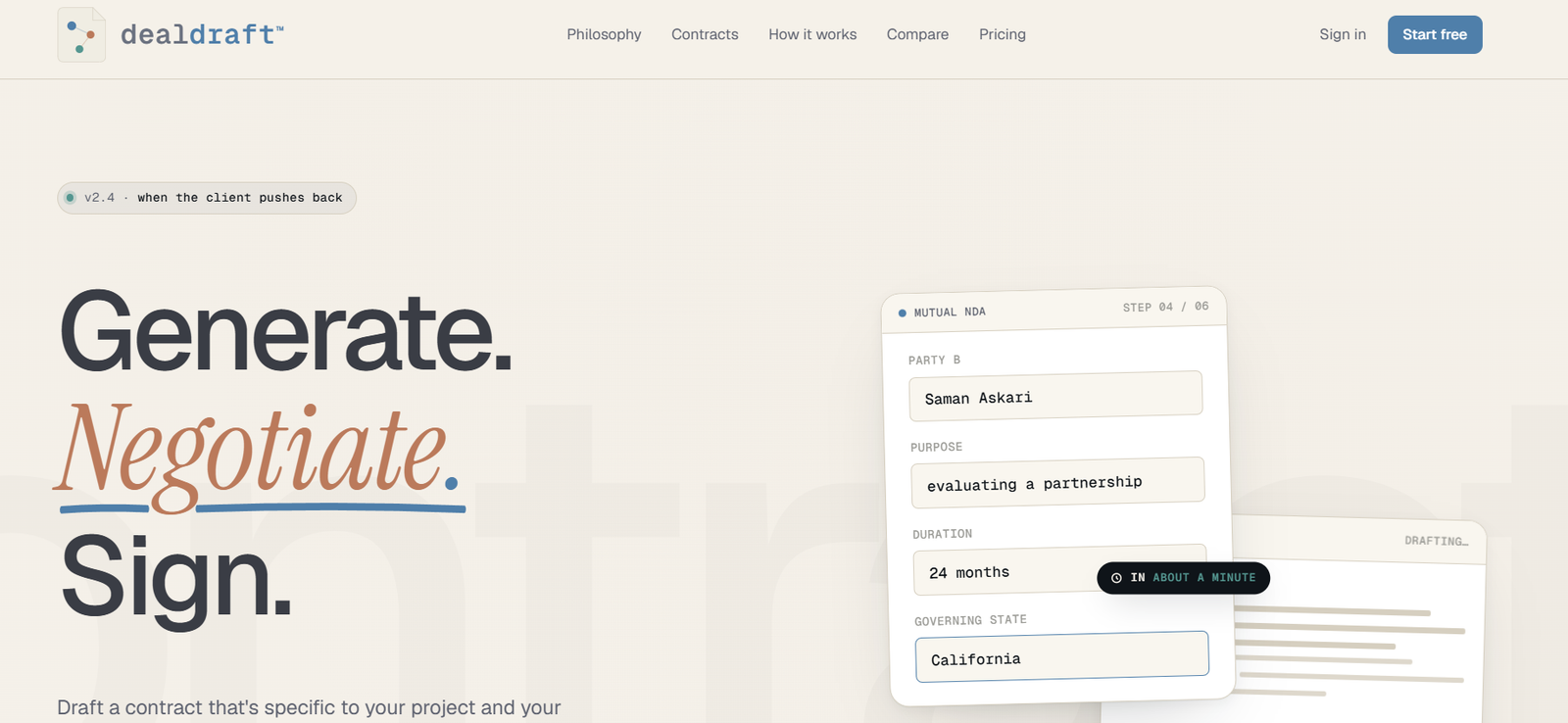 20 - Hero section of DealDraft homepage with large 'Generate. Negotiate. Sign.' text and a floating NDA form card.