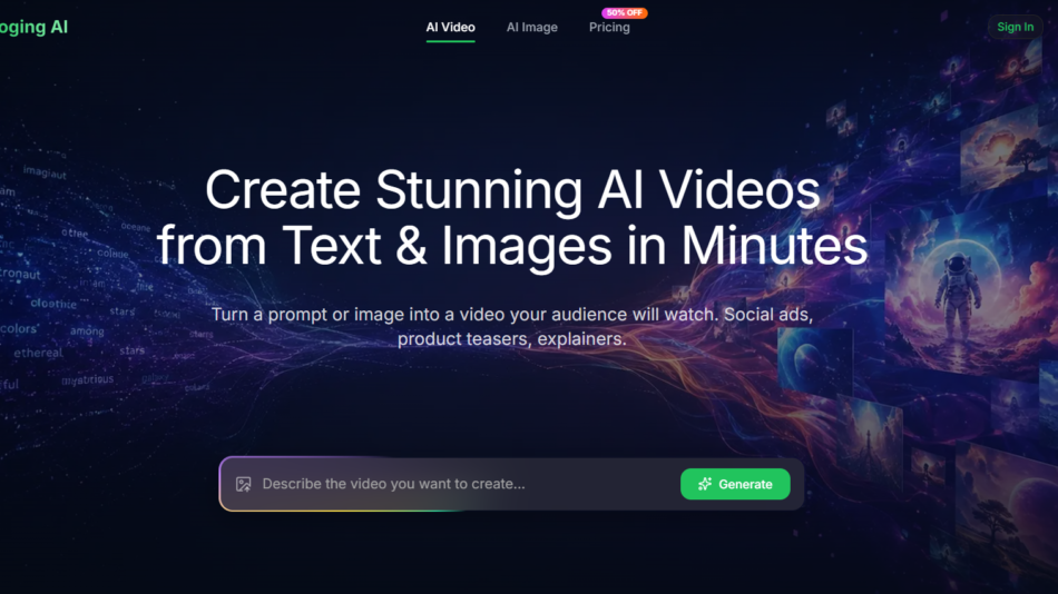 20 - Hero banner for Froging AI with headline: 'Create Stunning AI Videos from Text & Images in Minutes' on a dark cosmic background.