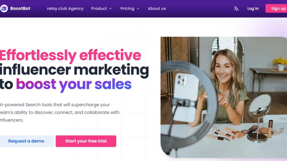 Hero header with bold marketing text on the left and a smiling woman filming a video on the right, using a ring light and phone setup.