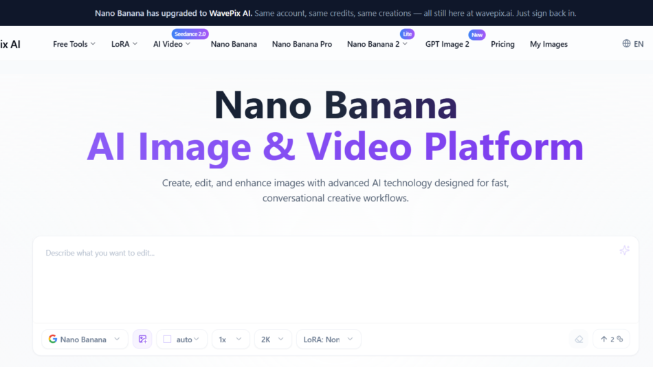Hero banner for Nano Banana: bold 'Nano Banana' text with purple 'AI Image & Video Platform' subtitle introducing the platform for AI-assisted image and video creation and editing.