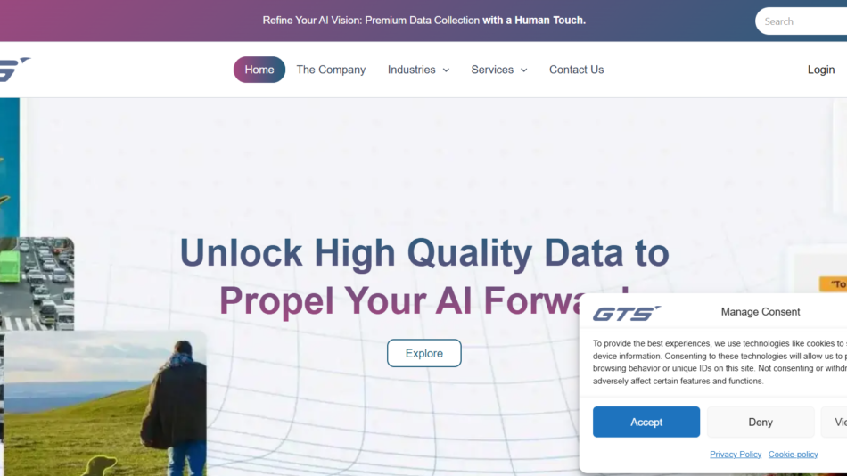 Hero section promoting high-quality data for AI, with collage left and bold headline 'Unlock High Quality Data to Propel Your AI Forward' and an 'Explore' button.