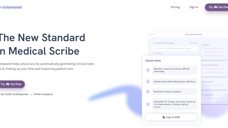Hero header with logo left, navigation right, large 'The New Standard in Medical Scribe' headline, supporting text, and a purple 'Try For Free' button with an abstract UI illustration on the right.