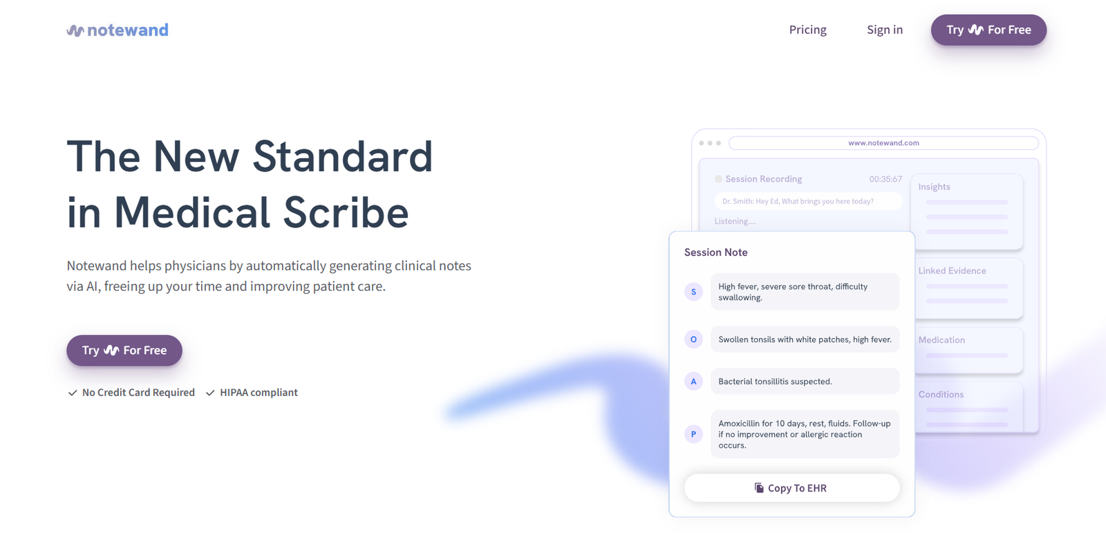 20 - Hero header with logo left, navigation right, large 'The New Standard in Medical Scribe' headline, supporting text, and a purple 'Try For Free' button with an abstract UI illustration on the right.