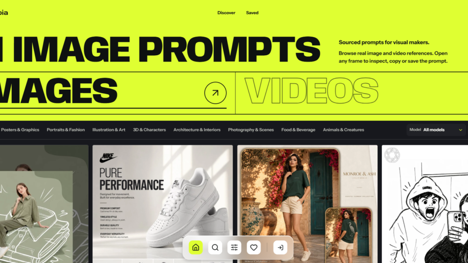 Bright neon yellow banner with bold black text reading 'AI IMAGE PROMPTS' and 'IMAGES', plus a 'VIDEOS' section; Inspia logo top left and top navigation links across the header.