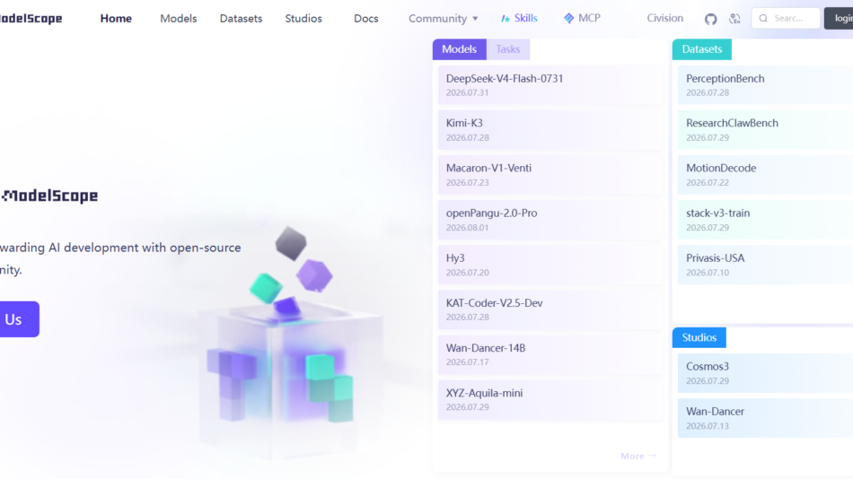 20 - ModelScope homepage hero with logo, top navigation, left-aligned headline and a purple Join Us button.