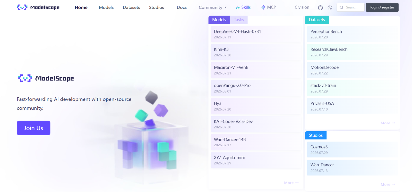 20 - ModelScope homepage hero with logo, top navigation, left-aligned headline and a purple Join Us button.