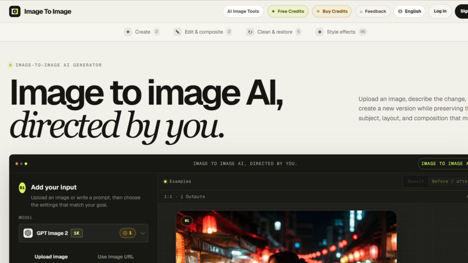 21 - Hero section of the Image to Image AI page with a large bold headline 'Image to image AI, directed by you' on a light background and a dark UI mockup beneath it.