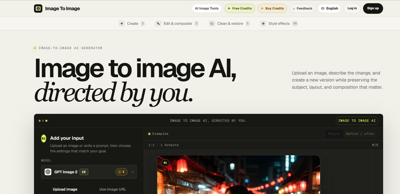 21 - Hero section of the Image to Image AI page with a large bold headline 'Image to image AI, directed by you' on a light background and a dark UI mockup beneath it.