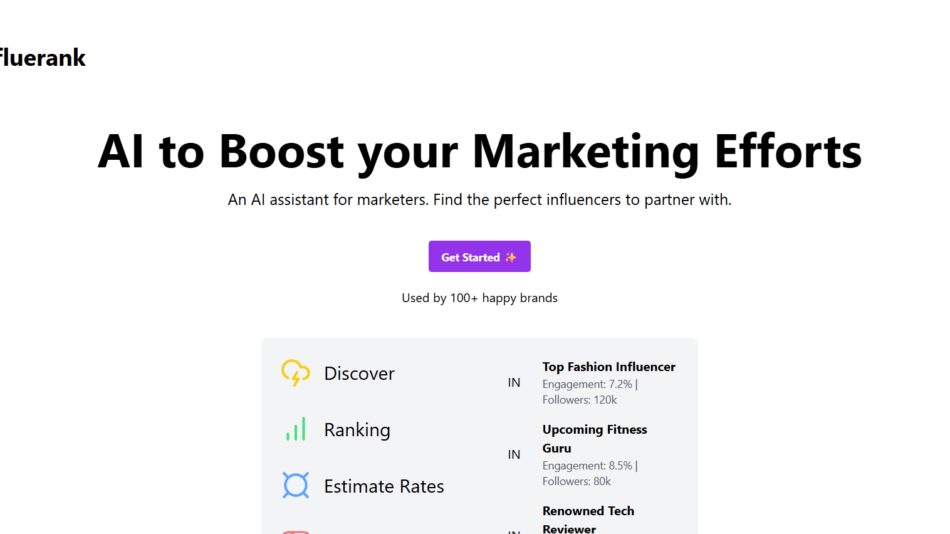 Influencerank hero: bold 'AI to Boost your Marketing Efforts' headline with subtitle and a purple Get Started button, header links visible (Pricing).