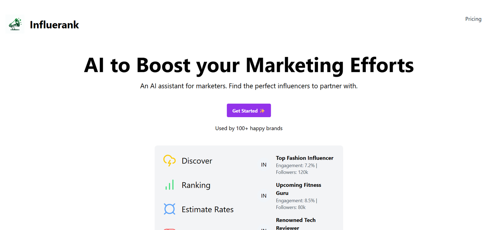 Influencerank hero: bold 'AI to Boost your Marketing Efforts' headline with subtitle and a purple Get Started button, header links visible (Pricing).