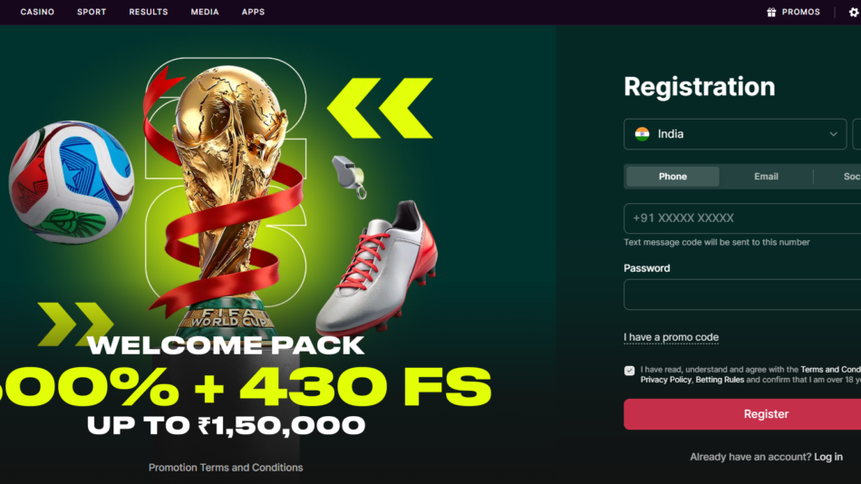 Hero banner featuring the FIFA World Cup trophy with a red ribbon, a colorful soccer ball, and neon yellow graphics on a dark green background; text reads 'WELCOME PACK 500% + 430 FS UP TO ₹1,50,000'