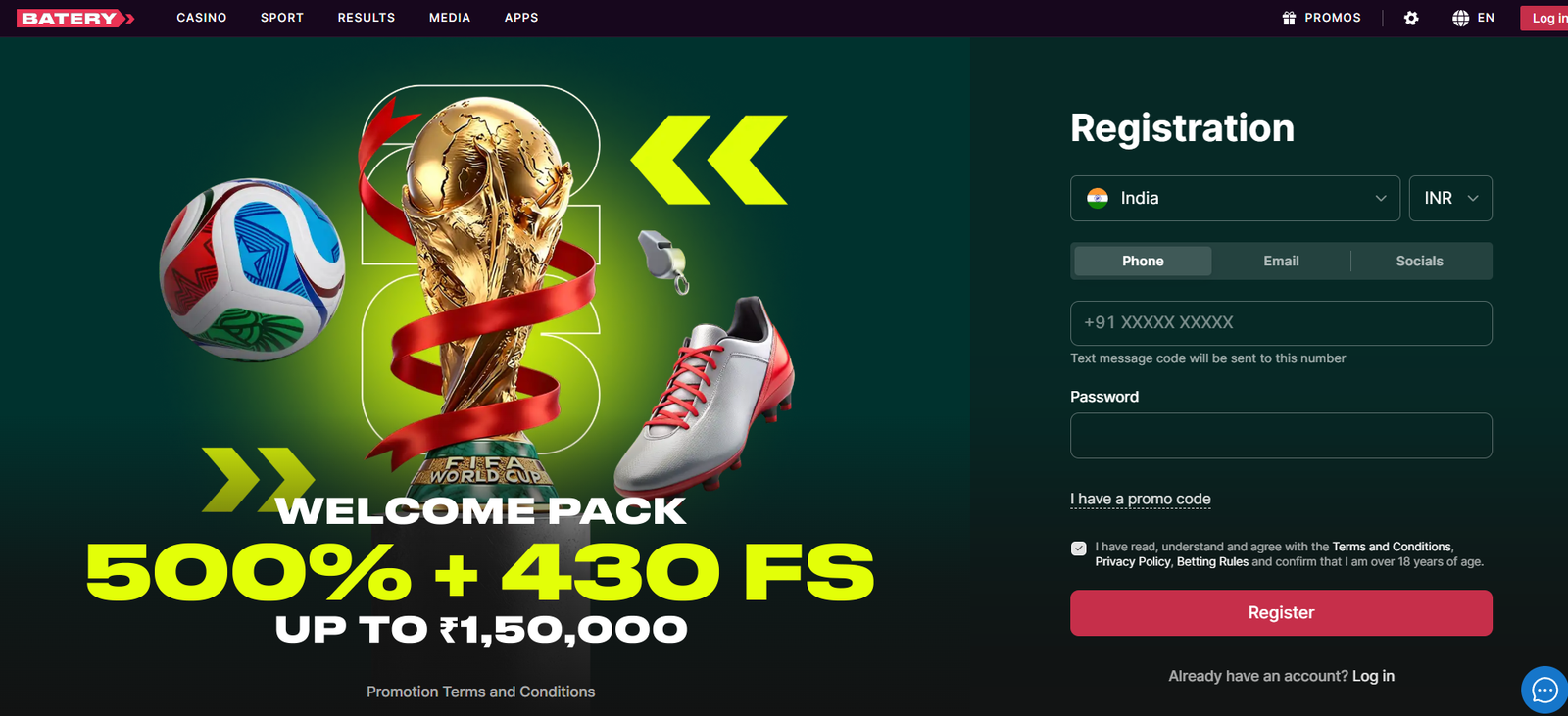 21 - Hero banner featuring the FIFA World Cup trophy with a red ribbon, a colorful soccer ball, and neon yellow graphics on a dark green background; text reads 'WELCOME PACK 500% + 430 FS UP TO ₹1,50,000'