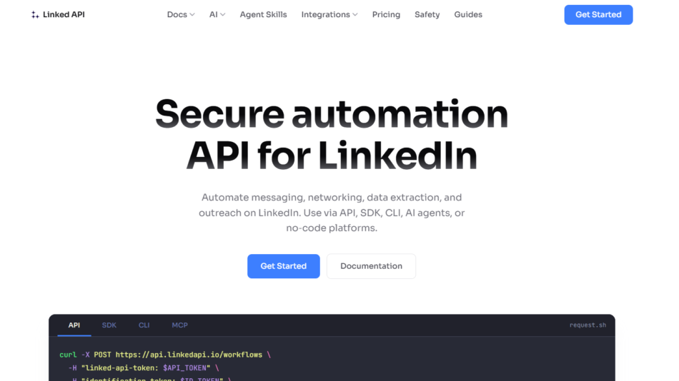Hero header for LinkedIn API page: bold headline 'Secure automation API for LinkedIn', supporting text about automating messaging and data tasks, with blue 'Get Started' and gray 'Documentation' buttons and a dark code panel peeking from the bottom.