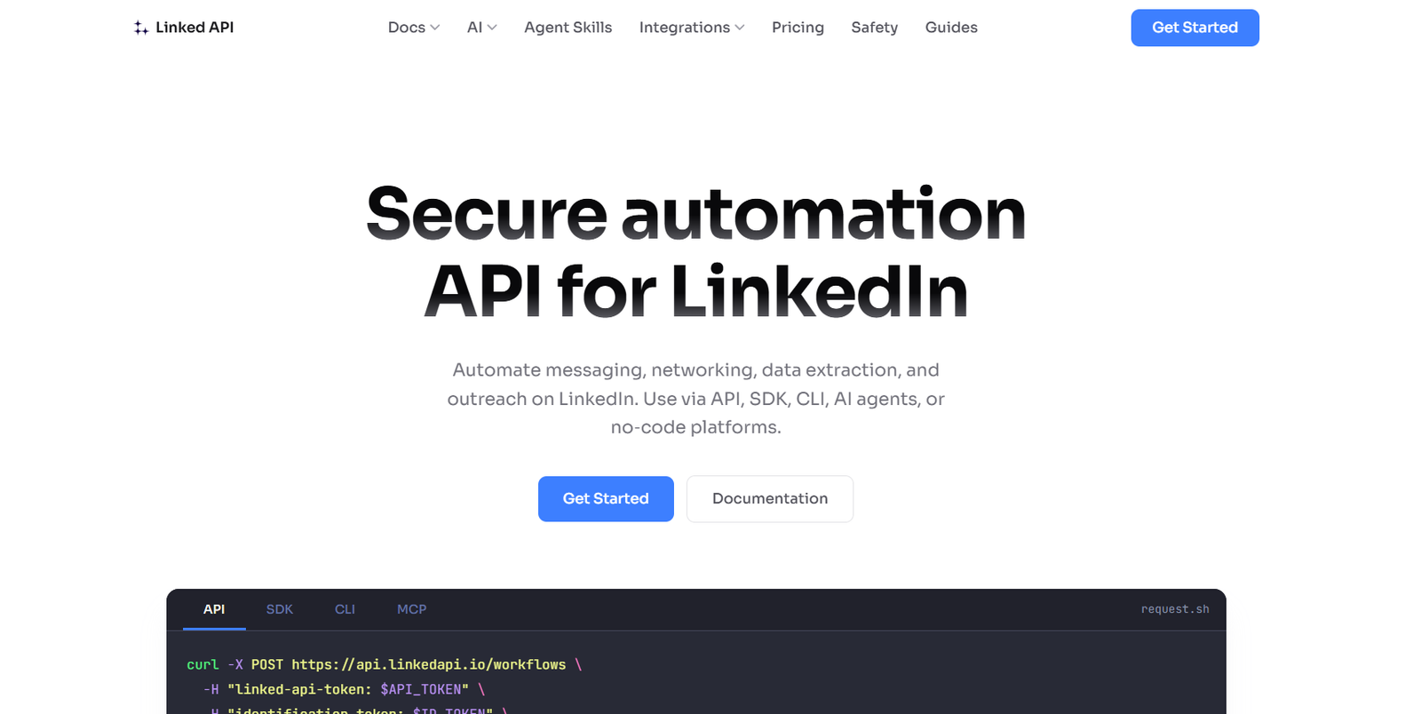 21 - Hero header for LinkedIn API page: bold headline 'Secure automation API for LinkedIn', supporting text about automating messaging and data tasks, with blue 'Get Started' and gray 'Documentation' buttons and a dark code panel peeking from the bottom.