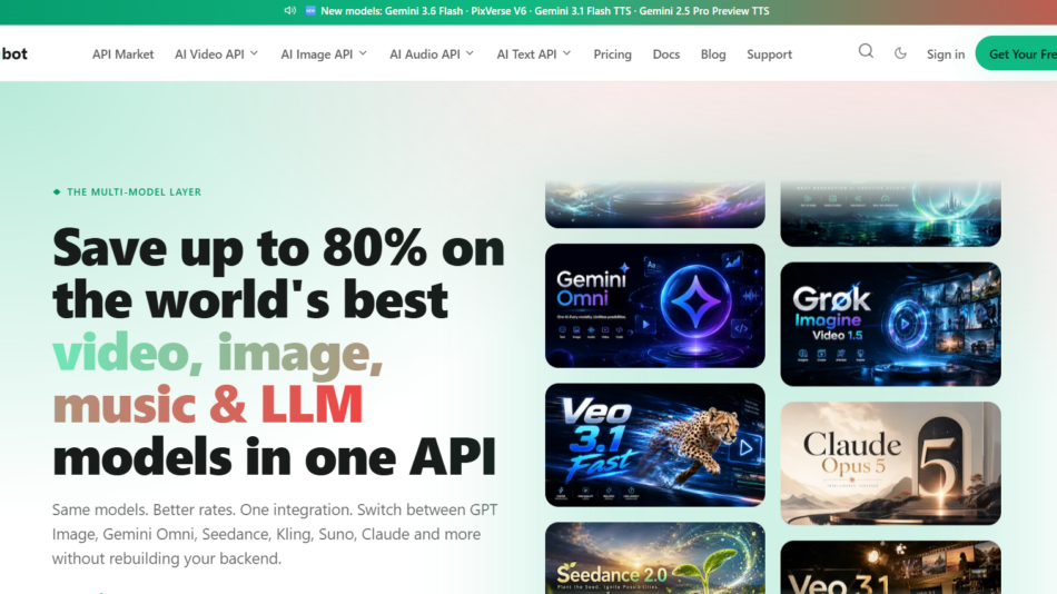 Hero banner announcing up to 80% off on video, image, music and LLM models; grid of AI model thumbnails on the right.