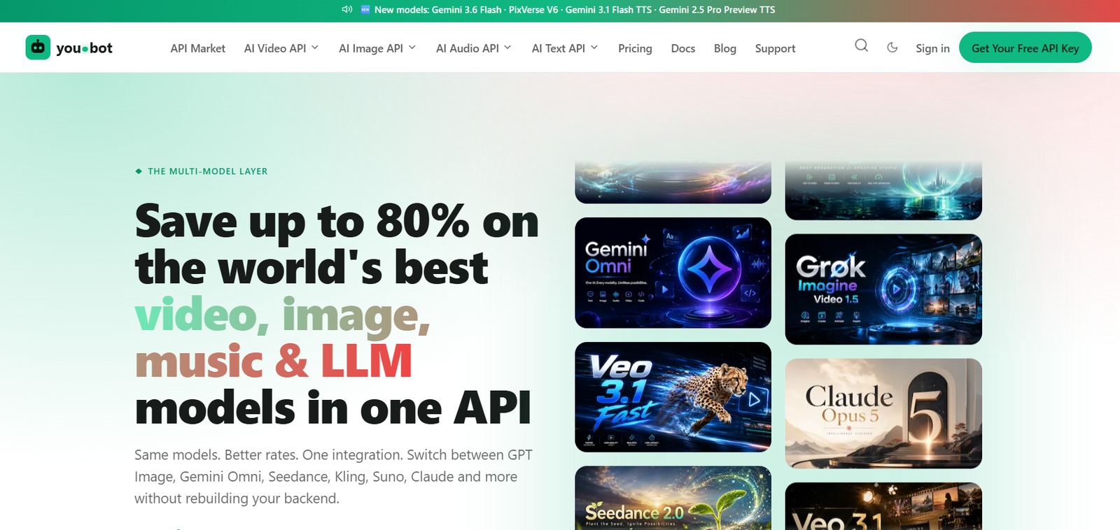21 - Hero banner announcing up to 80% off on video, image, music and LLM models; grid of AI model thumbnails on the right.