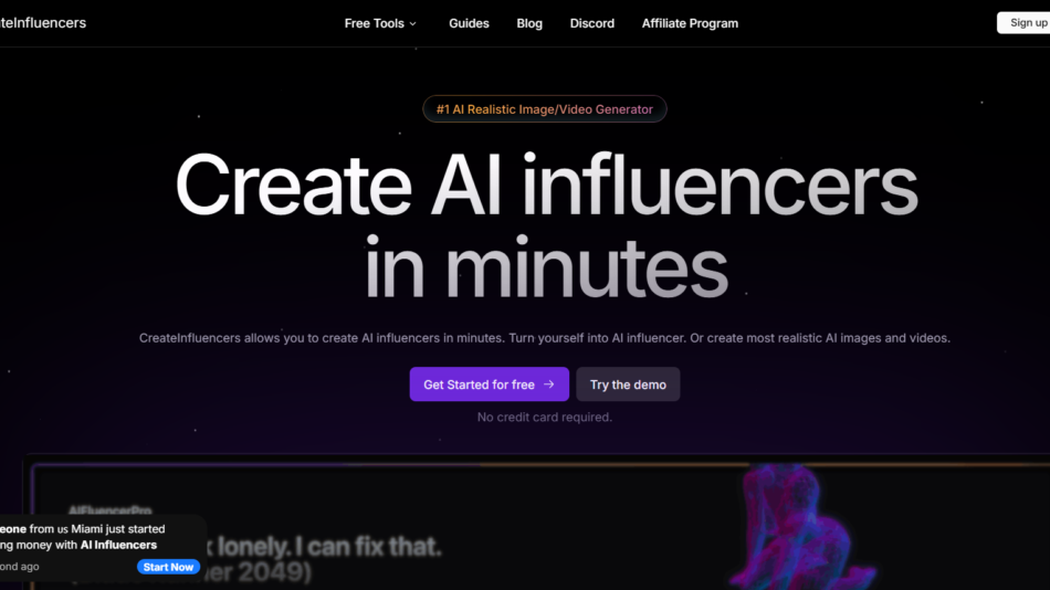 Hero banner for CreateInfluencers: large heading 'Create AI influencers in minutes' on a dark space background with a small badge '#1 AI Realistic Image/Video Generator' above. It includes a top navigation bar and call-to-action area below the heading.