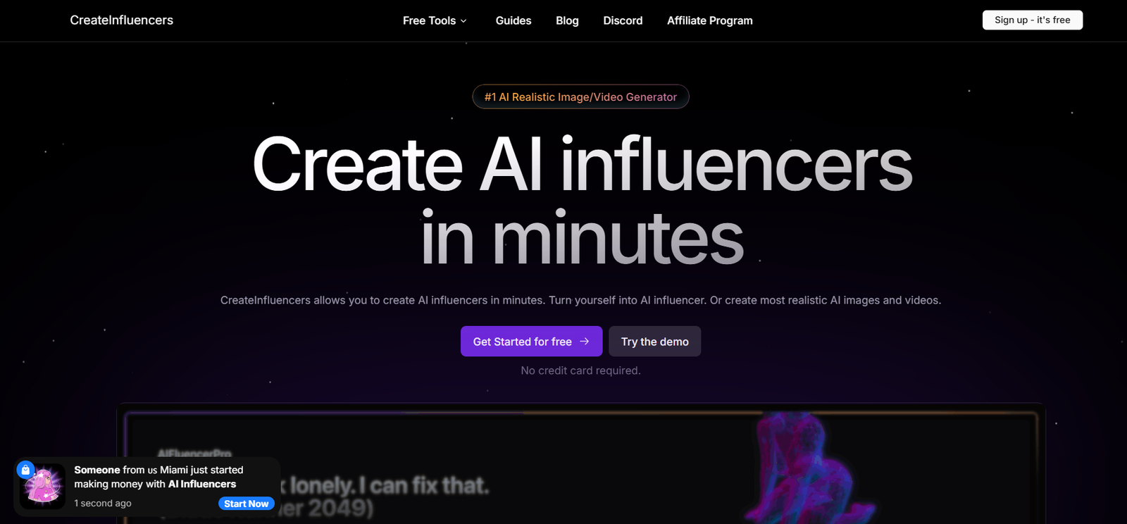 Hero banner for CreateInfluencers: large heading 'Create AI influencers in minutes' on a dark space background with a small badge '#1 AI Realistic Image/Video Generator' above. It includes a top navigation bar and call-to-action area below the heading.
