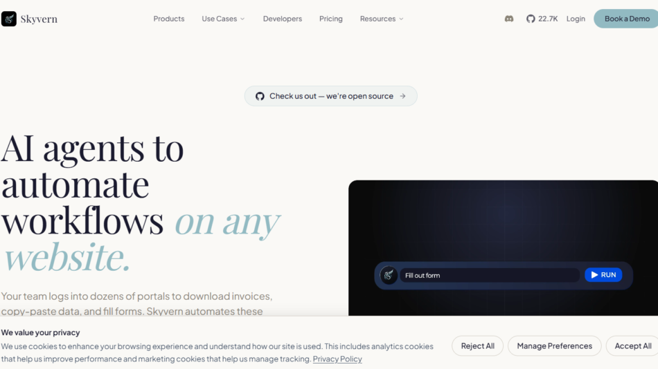 Hero section: headline 'AI agents to automate workflows on any website' with a video preview on the right and minimal navigation above.