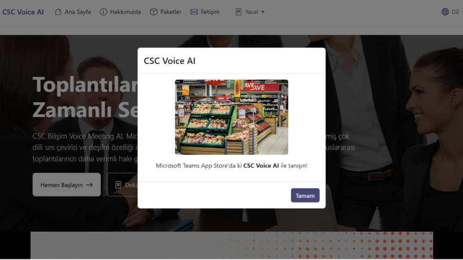 Popup dialog titled CSC Voice AI showing a supermarket produce display with a Turkish invitation to try the app.