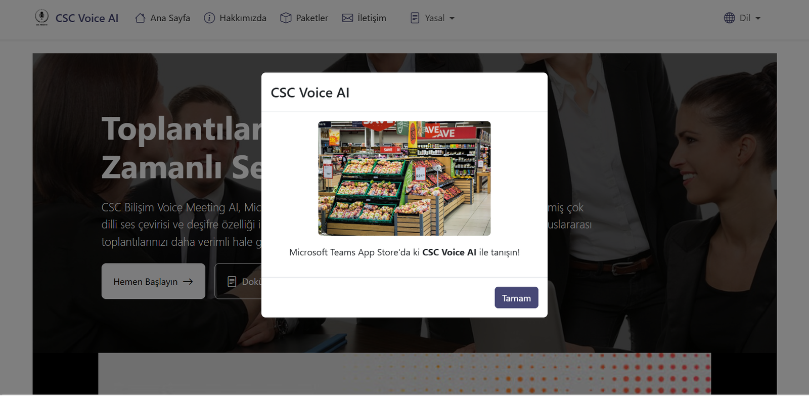 22 - Popup dialog titled CSC Voice AI showing a supermarket produce display with a Turkish invitation to try the app.
