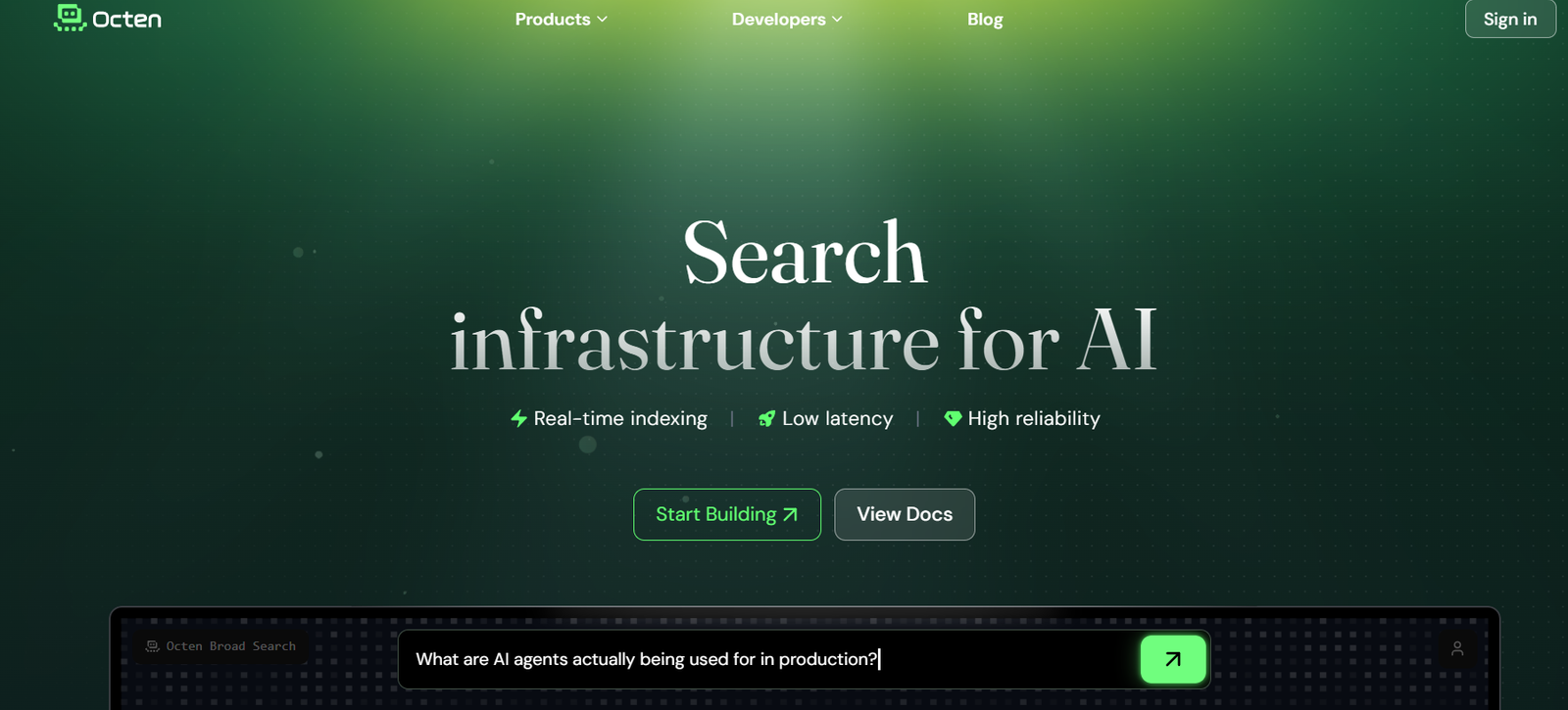 22 - Green gradient hero banner featuring Octen branding, with the headline 'Search infrastructure for AI' and two CTAs: 'Start Building' (green outlined) and 'View Docs' beneath a dotted background.