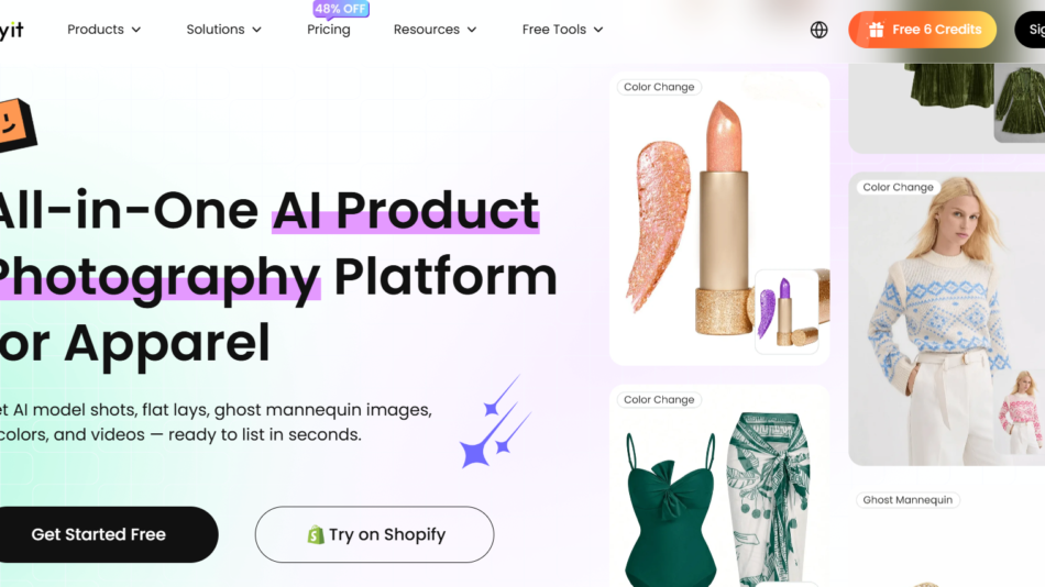 22 - All-in-One AI Product Photography Platform for Apparel hero banner on Snappyit with gradient grid background and two CTA buttons at bottom left and right in the header area.