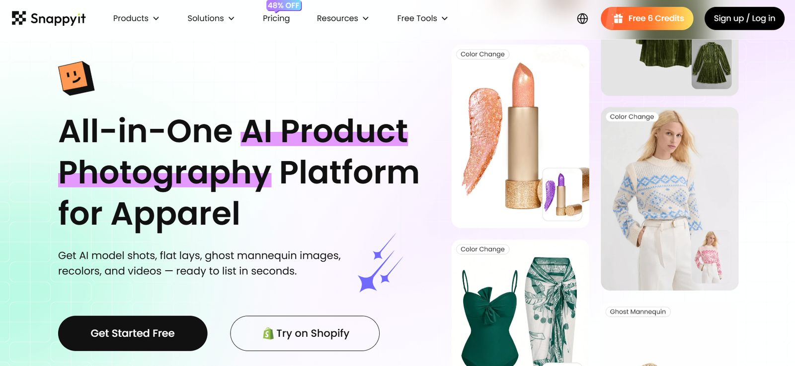 22 - All-in-One AI Product Photography Platform for Apparel hero banner on Snappyit with gradient grid background and two CTA buttons at bottom left and right in the header area.