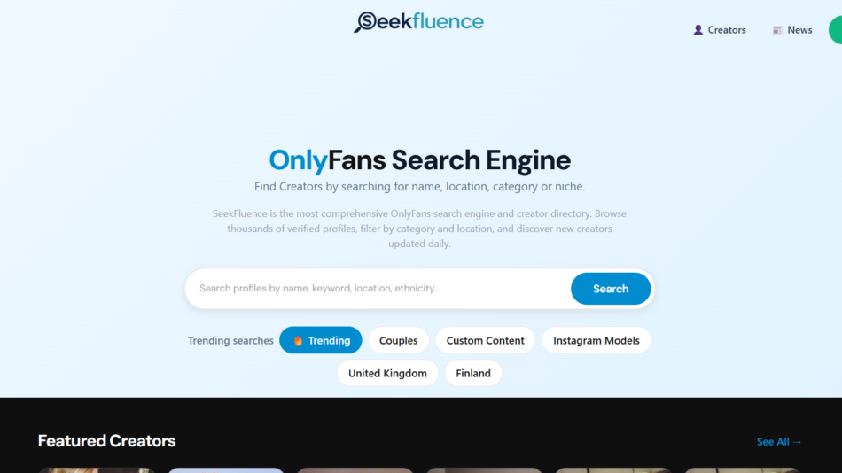 OnlyFans search engine hero: Seekfluence logo, headline 'OnlyFans Search Engine', explanatory text, and a large rounded search bar with a blue 'Search' button.