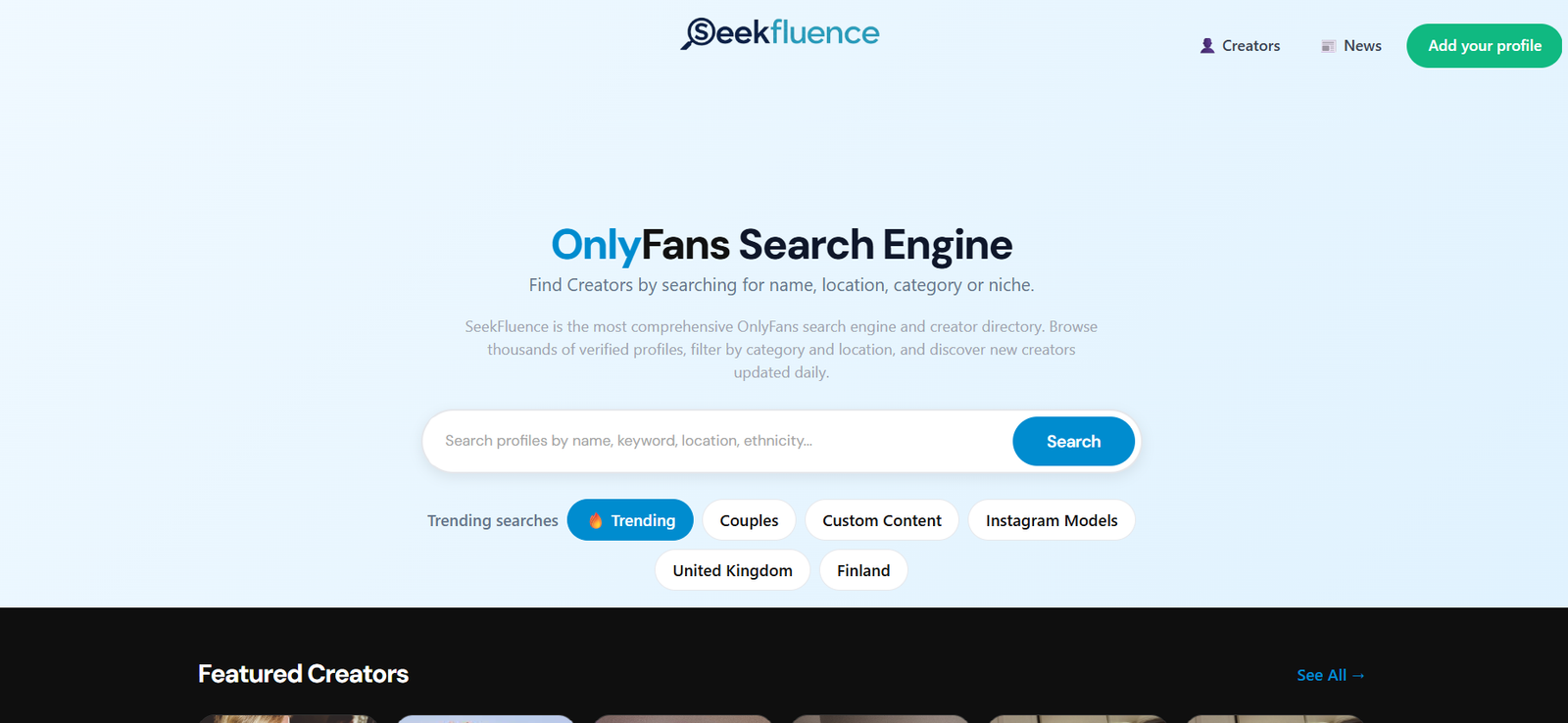 OnlyFans search engine hero: Seekfluence logo, headline 'OnlyFans Search Engine', explanatory text, and a large rounded search bar with a blue 'Search' button.