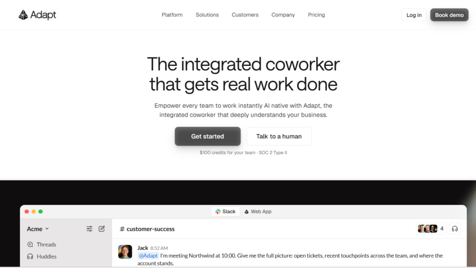 Hero section for Adapt: large heading about an integrated coworker with two CTA buttons ('Get started' and 'Talk to a human') and a subheading, plus a preview image of a Slack-like team chat window below.